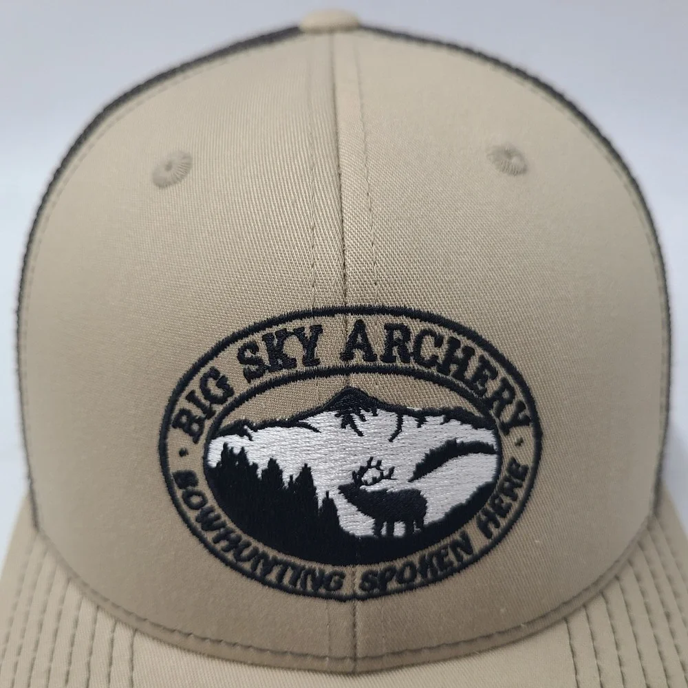 Big Sky Archery Hat Snapback Trucker Mesh Beige Brown Bowhunting‎ Bozeman MT Men